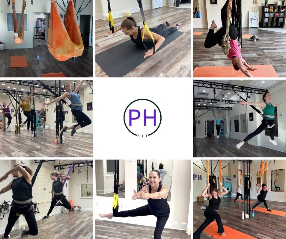 A bungee fitness class mid-jump at PH Fit